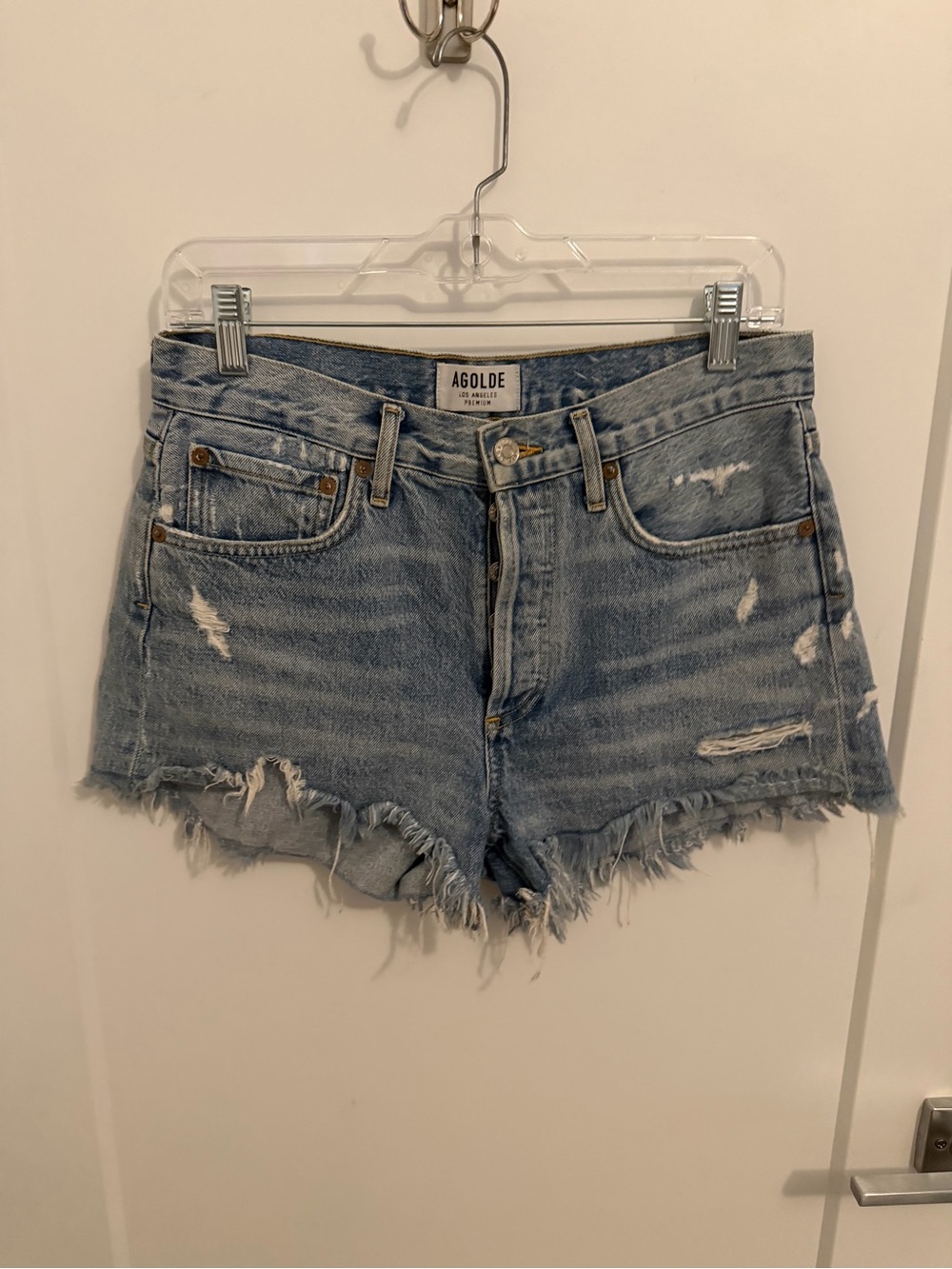 Agolde Light Blue Distressed Cutoff Denim Shorts